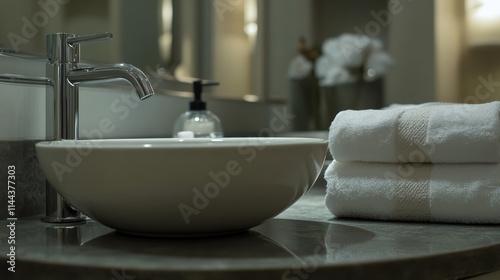 Stylish bathroom setting featuring a modern sink and neatly arranged towels o...