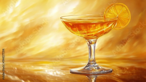 Refreshing cocktail with orange slice garnishing a glass on shimmering golden...