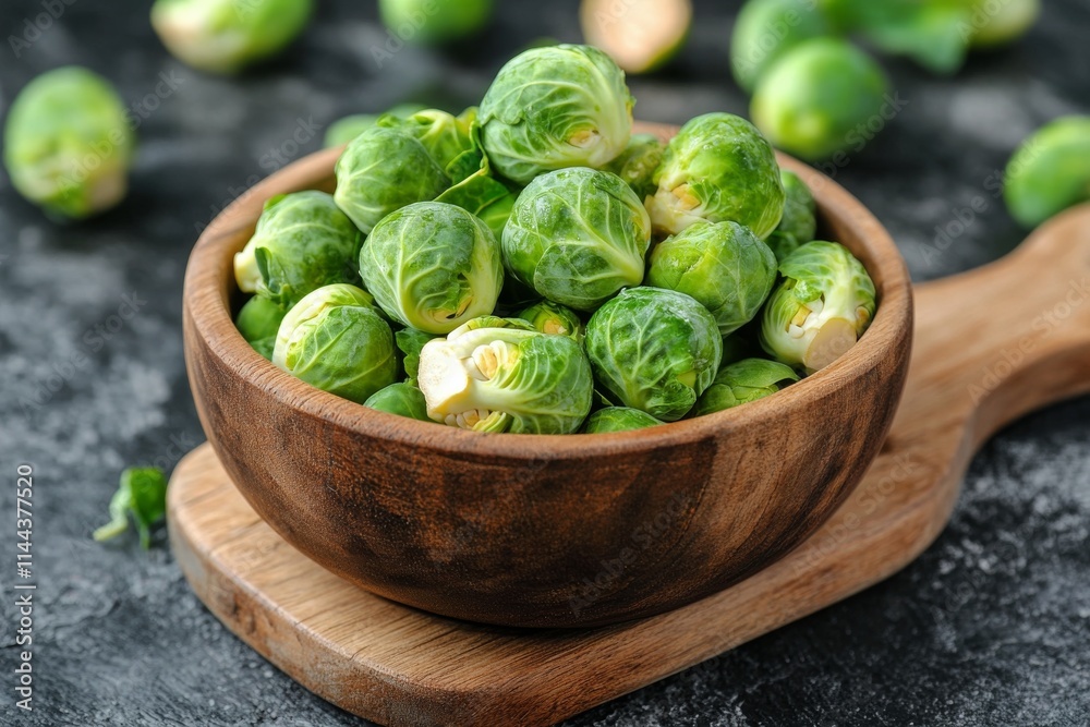 Fresh brussels sprouts in a wooden bowl on a rustic cutting board with herbs in the background at a kitchen Fresh brussels sprouts in a wooden bowl on a rustic cutting board with herbs in the background at a kitchen