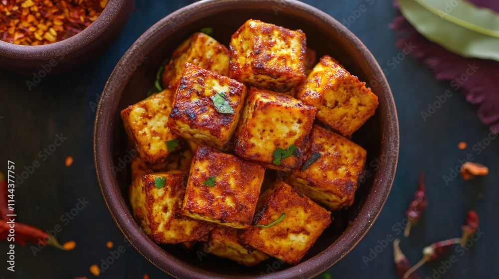 Top-down view of crispy air fryer tofu in a bowl, drizzled with soy glaze and sprinkled with chili flakes for a healthy snack Top-down view of crispy air fryer tofu in a bowl, drizzled with soy glaze and sprinkled with chili flakes for a healthy snack