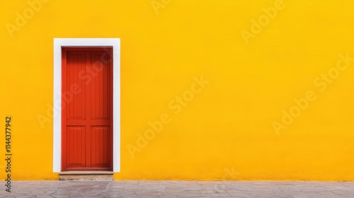 A red door is standing in front of a yellow wall