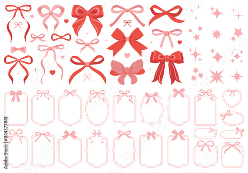 Set of various bows, gift ribbons. Bowknots hand drawn, flat style. Fashionable vector illustration. Hair accessories. Bow knots for gift wrapping. Gift bows, magic bow illustration.Celebration, party