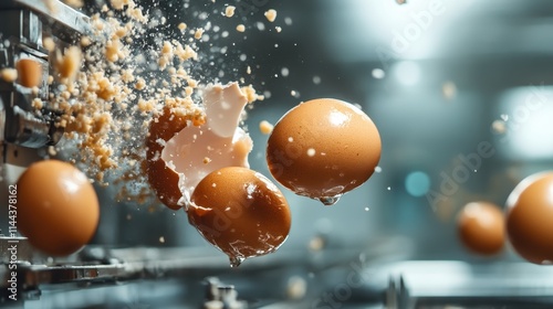 Eggs shatter mid-air as they collide with forceful impact, causing fragments to scatter dramatically, capturing a moment of chaos and destruction frozen in time.