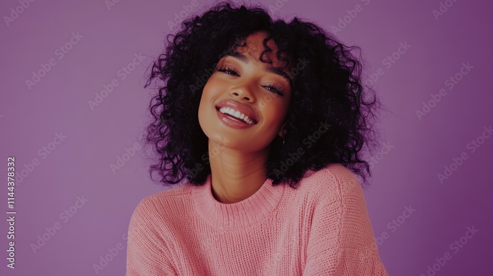 Smiling Woman with Curly Hair Against Purple Background
Smiling Woman with Curly Hair Against Purple Background