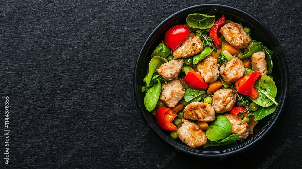 Delicious Chicken and Vegetable Stir-Fry in Black Bowl Delicious Chicken and Vegetable Stir-Fry in Black Bowl
