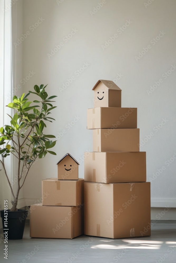 Creative cardboard boxes arranged as playful houses in a cozy living room with plants and natural light in the Creative cardboard boxes arranged as playful houses in a cozy living room with plants and natural light in the