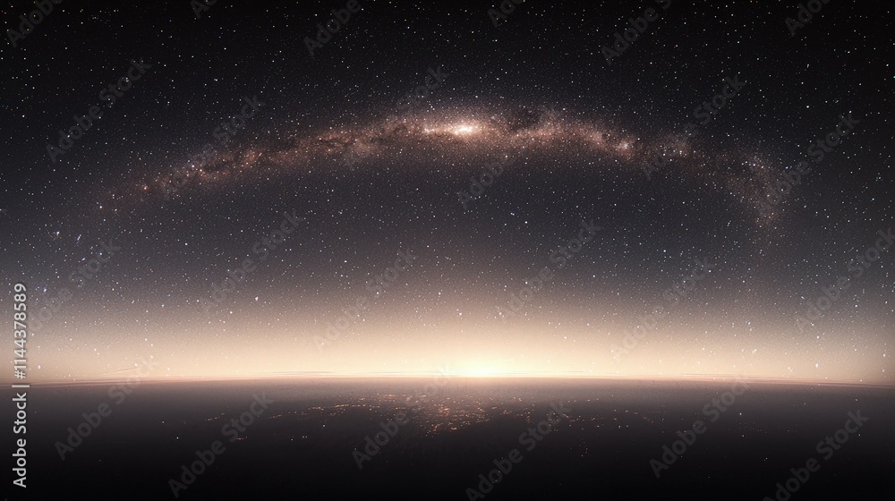 Obraz premium Milky Way galaxy arc over a planet's horizon at sunrise.