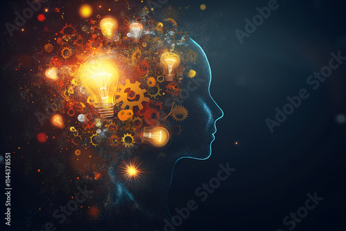 Abstract concept of innovation with a head silhouette filled with light bulbs and gears, business concept vector illustrations photo