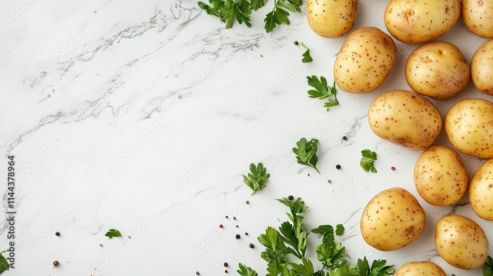 Top view of scattered organic potatoes, showing a clean and fresh presentation on a crisp white surface Top view of scattered organic potatoes, showing a clean and fresh presentation on a crisp white surface
