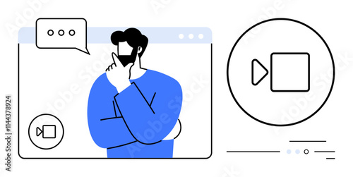 Man thoughtfully considers during a video call, speech bubble above his head. Video call window and video camera icon. Ideal for remote work, communication, brainstorming, business meetings, online