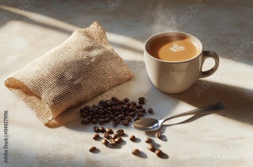 Warm cup of freshly brewed coffee rests on burlap with scattered coffee beans...