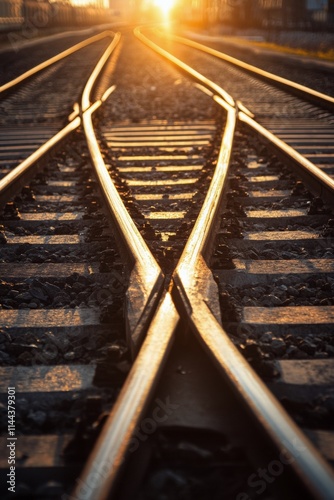 Sunset casts golden light on railway tracks leading into the distance, highlighting the junction where the rails