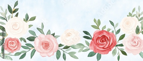 A delicate floral arrangement featuring soft pink and white roses, accompanied by green leaves against a light blue background.