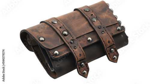 Vintage leather pouch with metal studs and straps crafted for holding tools or personal items. photo