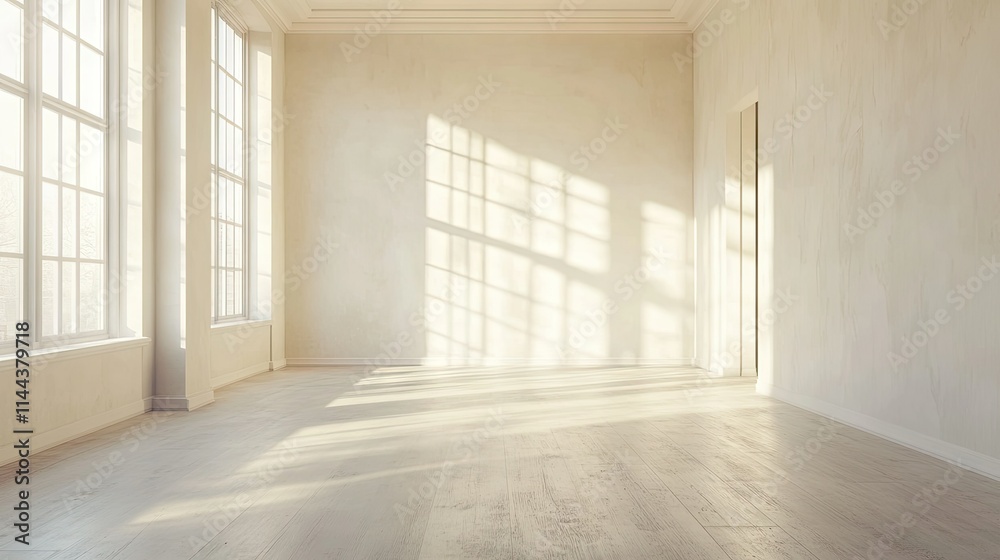 Wide shot of an empty room with a freshly primed floor, showcasing the work-in-progress look of home renovation Wide shot of an empty room with a freshly primed floor, showcasing the work-in-progress look of home renovation