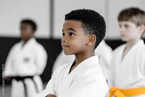 A young boy dressed in a white karate gi demonstrates poise and confidence during class, embodying the principles of martial arts with a thoughtful expression among peers. photo