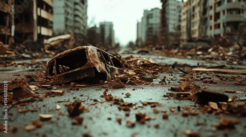 A charred remnant of a vehicle sits amid rubble on a ruined street, symbolizing destruction, despair, and the poignant aftermath of a catastrophic event in urban setting.