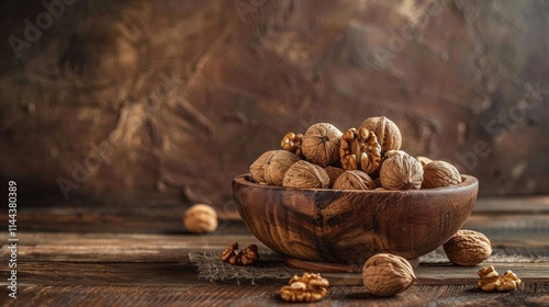 Wooden bowl filled with walnuts on a rustic textured background photo