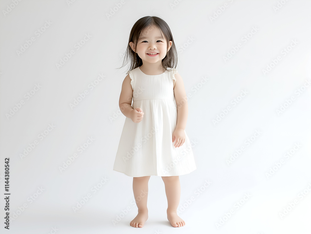 Smiling little girl in a white dress standing barefoot on a bright white background, perfect for childhood and lifestyle themes Smiling little girl in a white dress standing barefoot on a bright white background, perfect for childhood and lifestyle themes