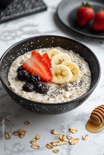 Delicious bowl of oatmeal topped with fresh fruit, honey, and nuts in a styli...