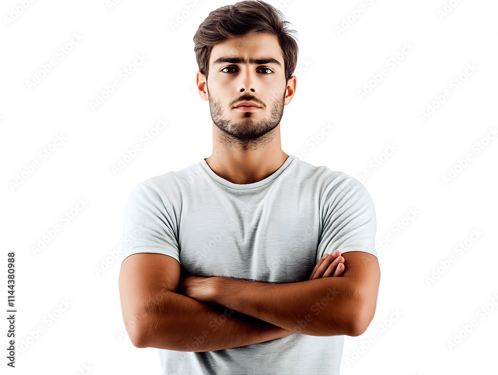 Serious young man with crossed arms wearing a plain white t-shirt on a clean white background, perfect for lifestyle and professional themes Serious young man with crossed arms wearing a plain white t-shirt on a clean white background, perfect for lifestyle and professional themes
