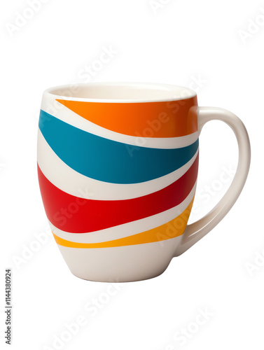 A colorful ceramic mug featuring vibrant, swirling patterns in blue, orange, red, and yellow.
