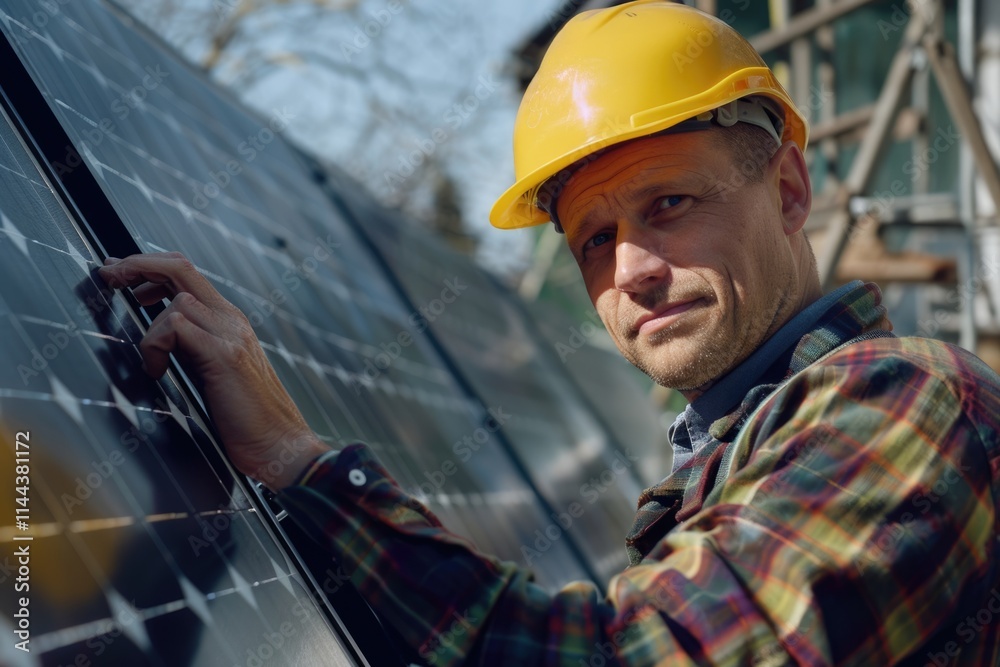 Male worker installing solar panel system with protective helmet. Male worker installing solar panel system with protective helmet.