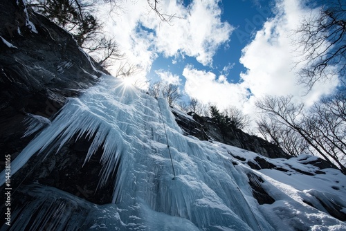 In Hyalite Canyon, Montana, sunbeams highlight a frozen waterfall amidst a cold winter scene. photo