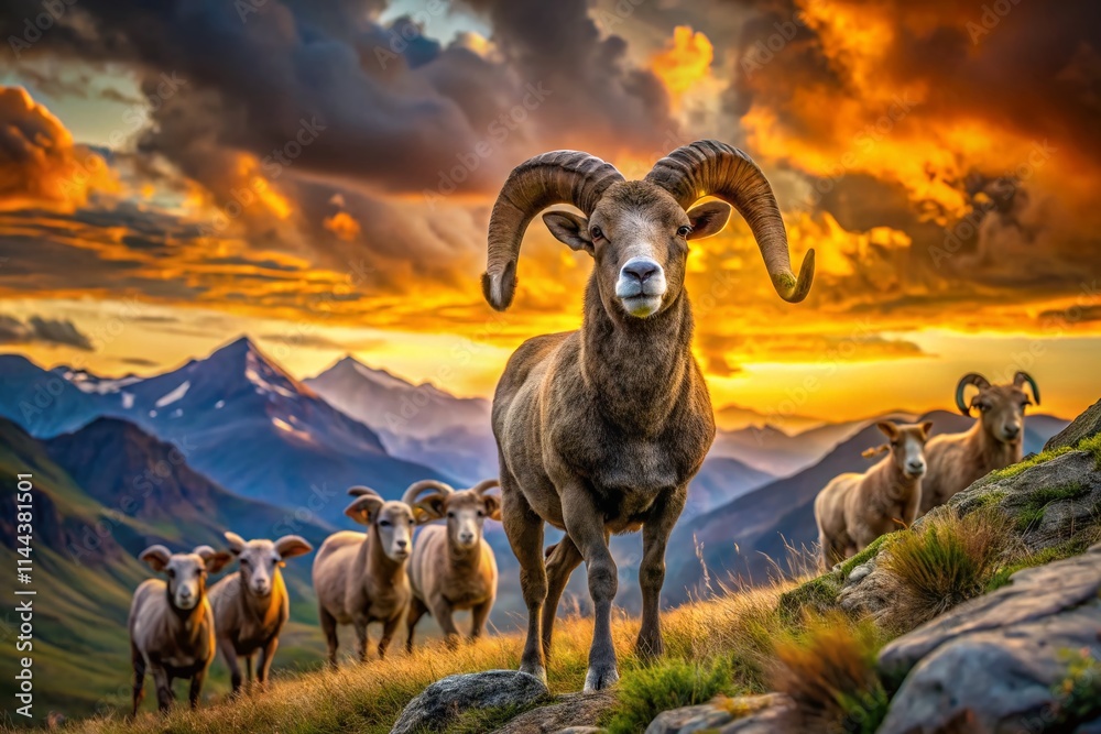 Naklejka premium Majestic Ram Panoramic Landscape: Epic Mountain Scenery, Wild Sheep, Nature Photography