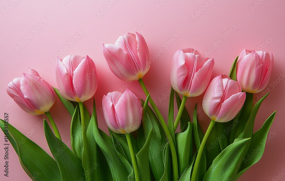 Beautiful pink tulips arranged elegantly on a soft pink background, showcasing the vibrant colors and delicate Beautiful pink tulips arranged elegantly on a soft pink background, showcasing the vibrant colors and delicate