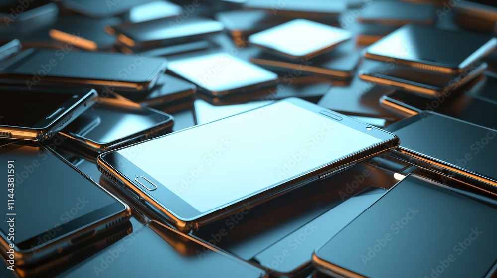 3D rendering of a pile of mobile phones with blank screens on a table. The background features many digital devices, conveying a futuristic and modern concept of technology for online shopping. 3D rendering of a pile of mobile phones with blank screens on a table. The background features many digital devices, conveying a futuristic and modern concept of technology for online shopping.