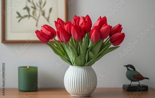 Vibrant tulips in a bright room with soft shadows on the wall and decorative ...
