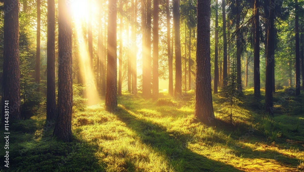 Fototapeta premium Sunlight piercing the fog in a natural spruce forest creates an enchanting ambiance.