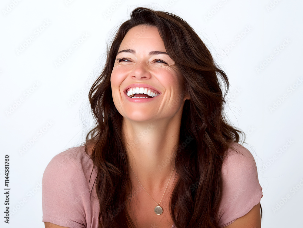 Smiling woman with flowing brown hair and radiant laughter wearing a soft pink top on a white background, ideal for lifestyle and happiness concepts Smiling woman with flowing brown hair and radiant laughter wearing a soft pink top on a white background, ideal for lifestyle and happiness concepts