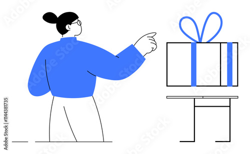Wallpaper Mural Woman pointing at a neatly wrapped gift box with blue ribbon placed on a table. Ideal for celebrations, gifts, achievements, reward, holidays, appreciation, surprises. Line metaphor Torontodigital.ca