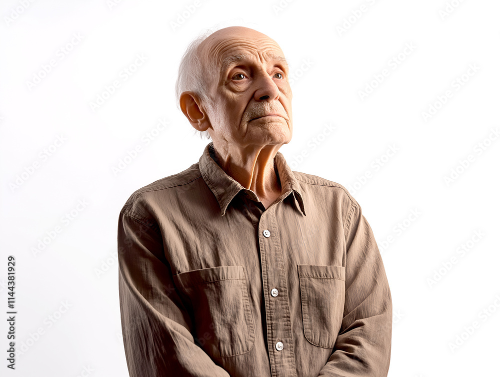 Thoughtful elderly man looking upward in a contemplative pose with a calm expression on a white background, ideal for senior-focused themes and concepts Thoughtful elderly man looking upward in a contemplative pose with a calm expression on a white background, ideal for senior-focused themes and concepts