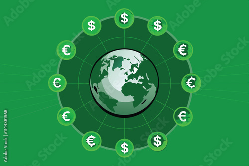 Create a vector illustration of a detailed globe encircled by various currency symbols, representing global finance.