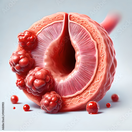 A realistic close-up image of external hemorrhoids, showing swollen, painful lumps around the anal opening. highlight redness, swelling, and possible irritation caused by external hemorrhoids.