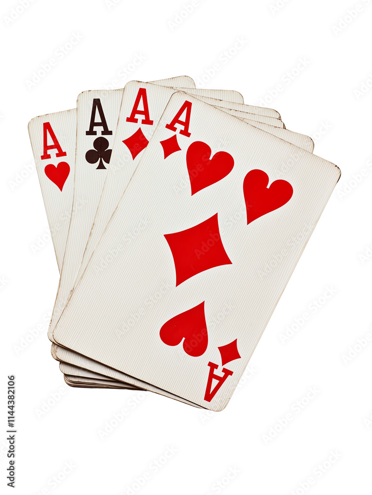 A hand of playing cards featuring four aces, showcasing various suits, prominently displaying the ace of hearts.