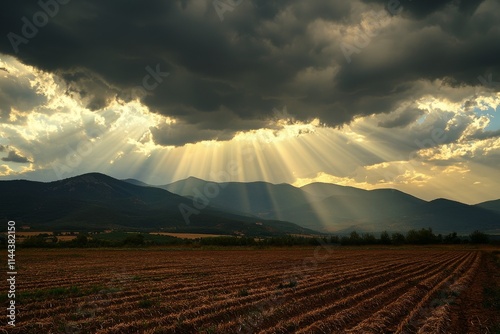 Sunbeams stretch over the valley. The hill glows under the sunlight. A tree basks in the sun's rays. A lonely tree. A tree set against the backdrop of mountains. Mountains behind. Clouds lit by the