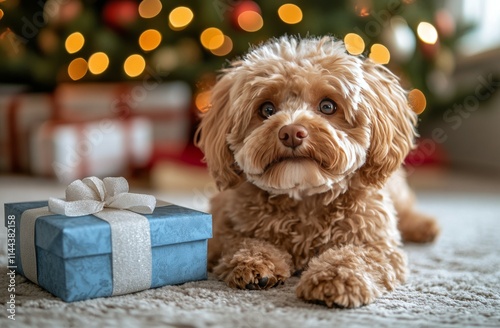Sweet dog resting by wrapped gift in cozy living room decorated for holidays ...