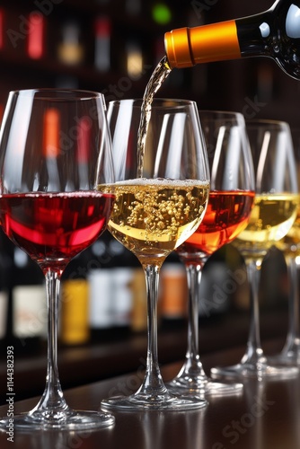 Pouring white wine into elegant glasses lined up on a wooden bar counter in a...