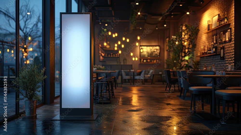 Fototapeta premium A cozy restaurant interior with warm lighting and modern decor, inviting for dining.