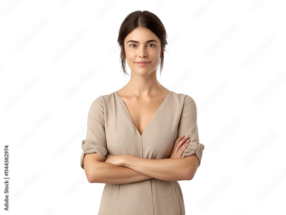 Confident young woman in a beige dress with arms crossed. Professional portrait on white background, ideal for business profiles, lifestyle branding, and modern storytelling concepts Confident young woman in a beige dress with arms crossed. Professional portrait on white background, ideal for business profiles, lifestyle branding, and modern storytelling concepts