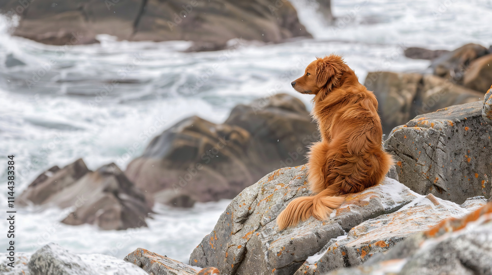 Fototapeta premium dog outdoors in winter at the rocks. Nova Scotia duck tolling Retriever. Travelling with a pet.