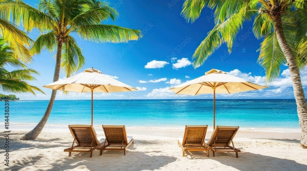 Obraz premium Idyllic tropical beach scene with lounge chairs and umbrellas.