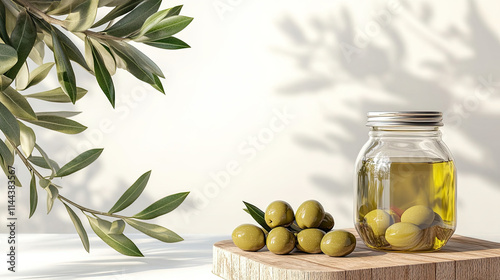 olives on wood podium with olive oil small opened jar