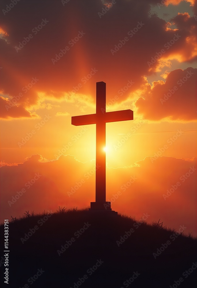 Silhouette of a cross against a vibrant sunset sky with clouds and warm colors Silhouette of a cross against a vibrant sunset sky with clouds and warm colors