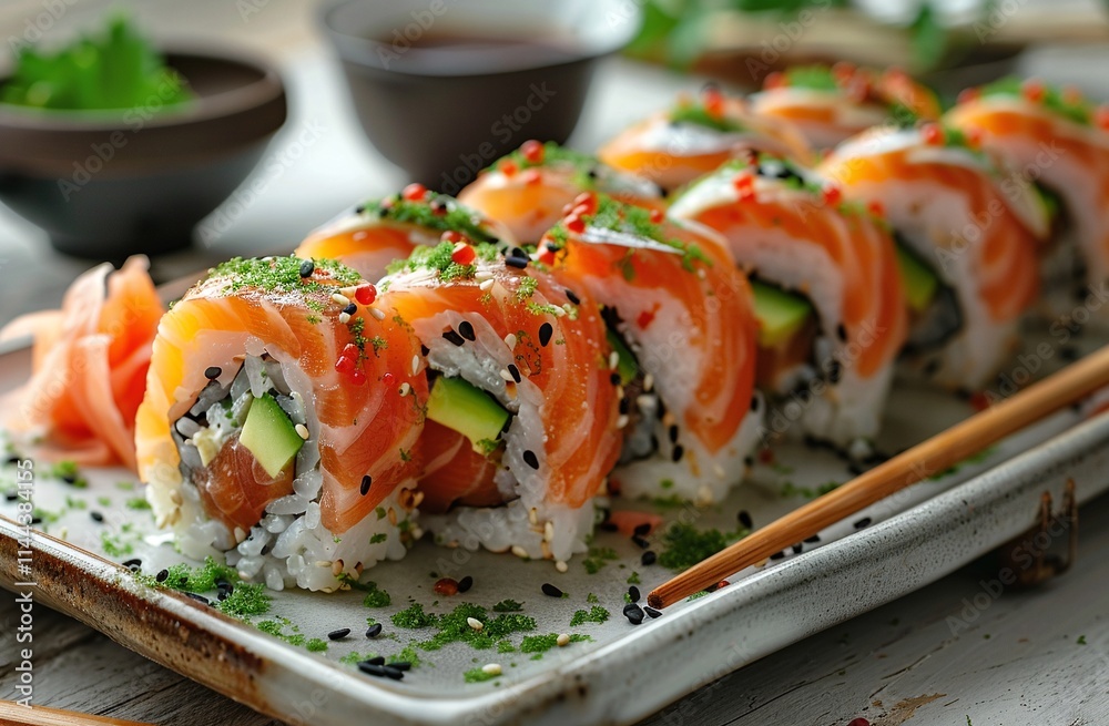 Delicious salmon sushi rolls, topped with sesame seeds and herbs, beautifully arranged on a plate. A perfect culinary image!