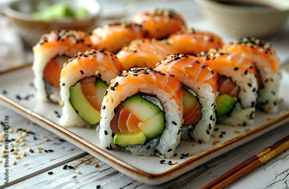 Delicious salmon avocado sushi rolls, topped with sesame seeds, presented on a elegant plate. A perfect culinary delight! Delicious salmon avocado sushi rolls, topped with sesame seeds, presented on a elegant plate. A perfect culinary delight!